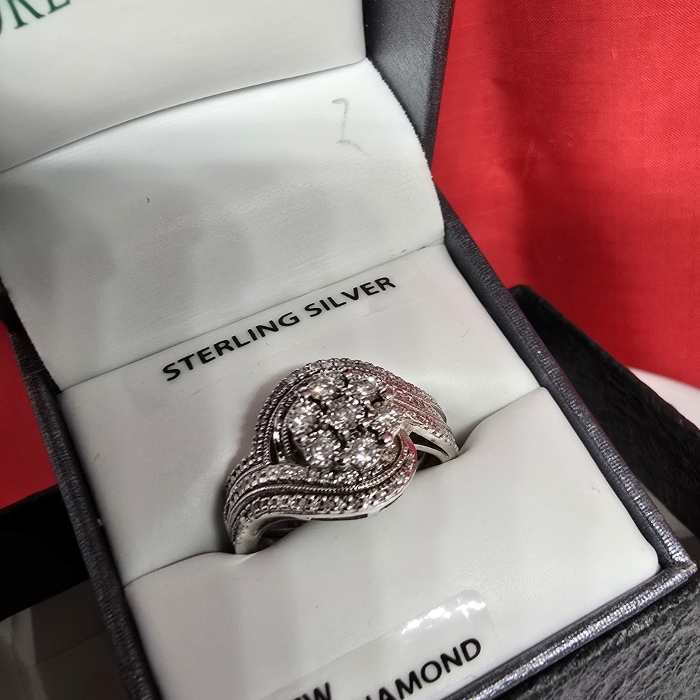 Silver Swirl Shaped Ring with Diamonds  NWT